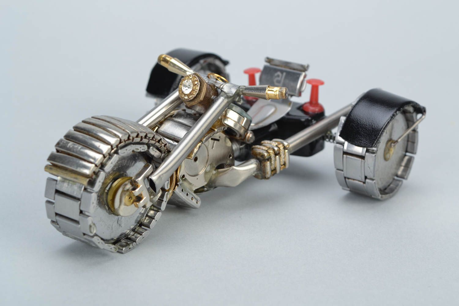 Handmade metal steampunk figurine of trike motorcycle with clock mechanisms photo 1