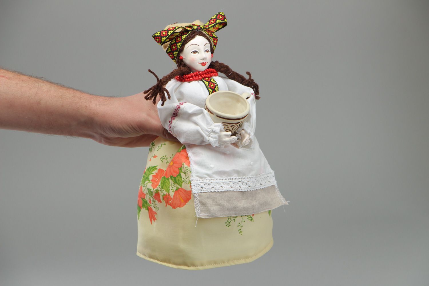 Beautiful handmade fabric teapot cozy Doll with Cup in Ukrainian style  photo 3