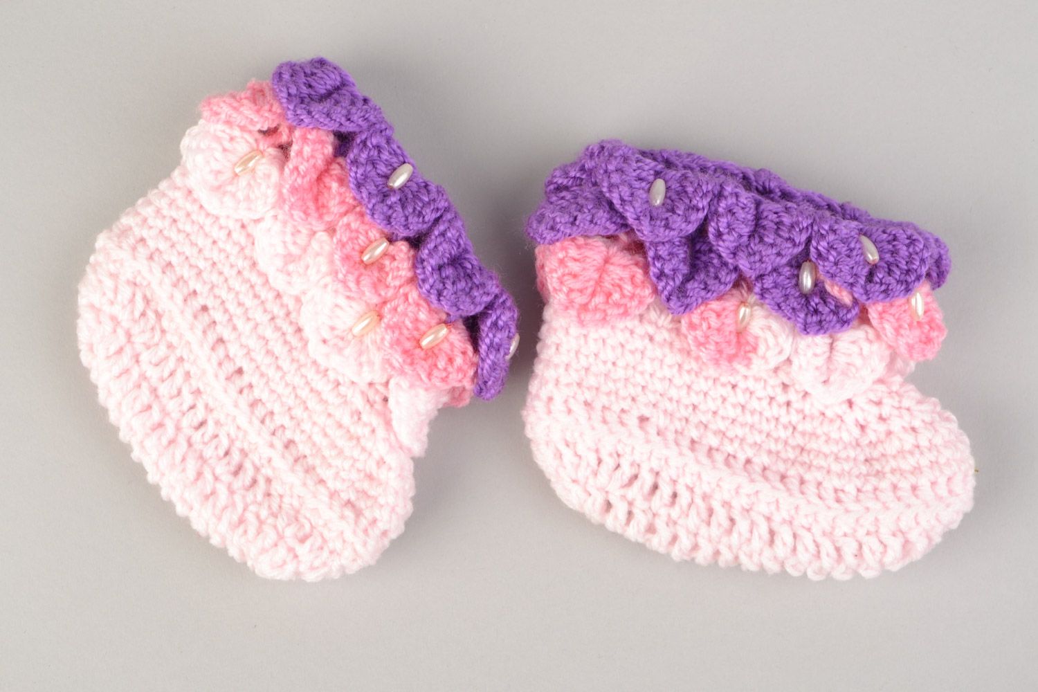Handmade baby girl festive pink and violet shoes crocheted of acrylic threads photo 3