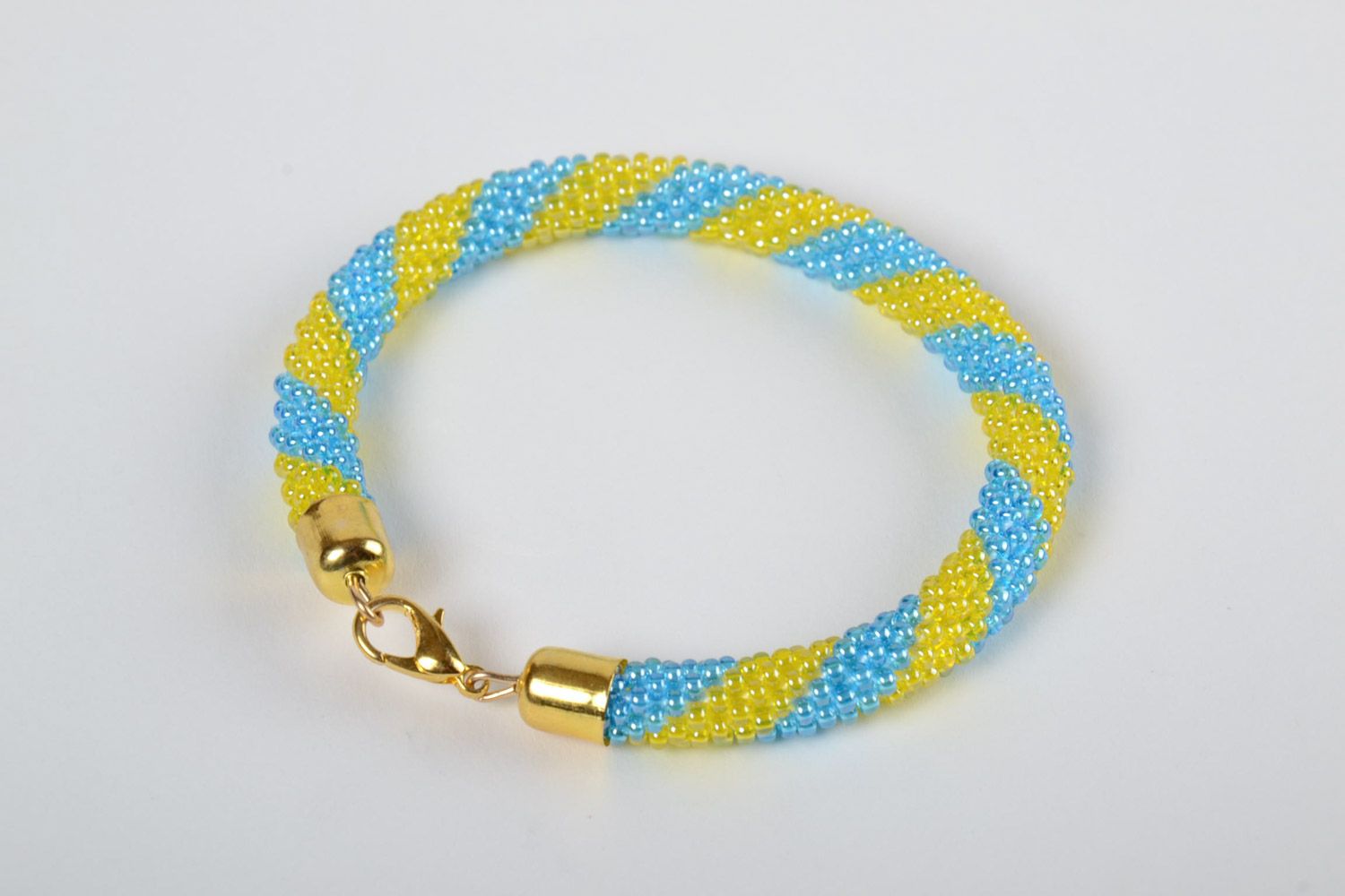Gros bracelet en perles de rocailles spirale bleu jaune fait main bijou femme photo 2