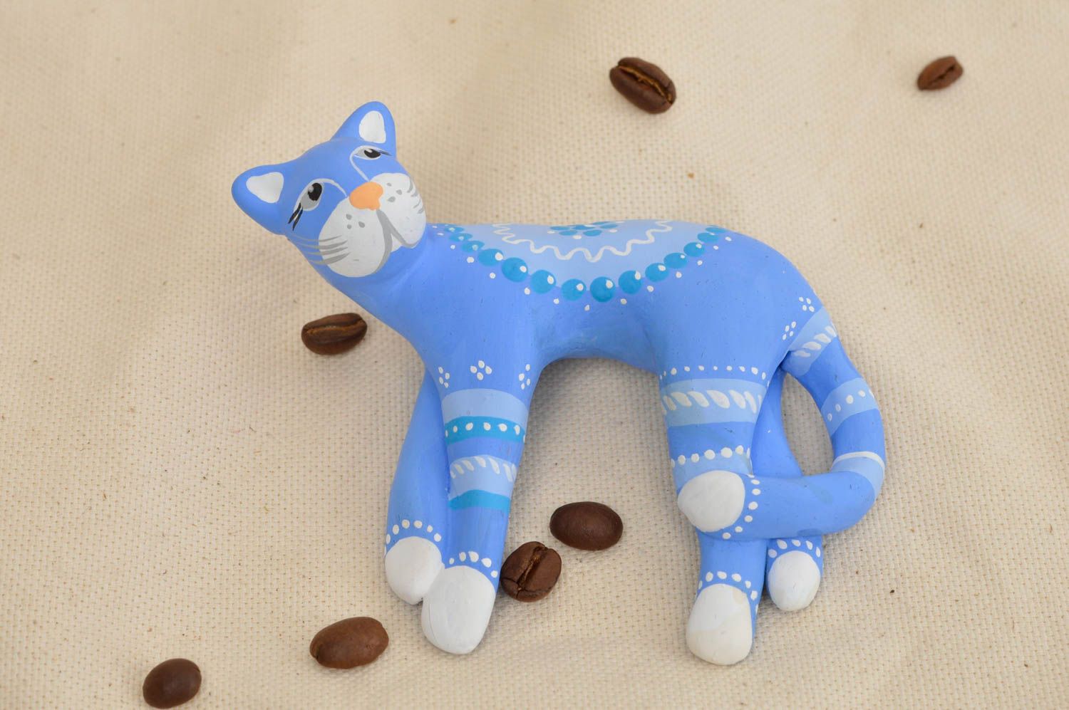 Figurine chat bleu à motif en céramique peinte faite main décorative petite photo 1