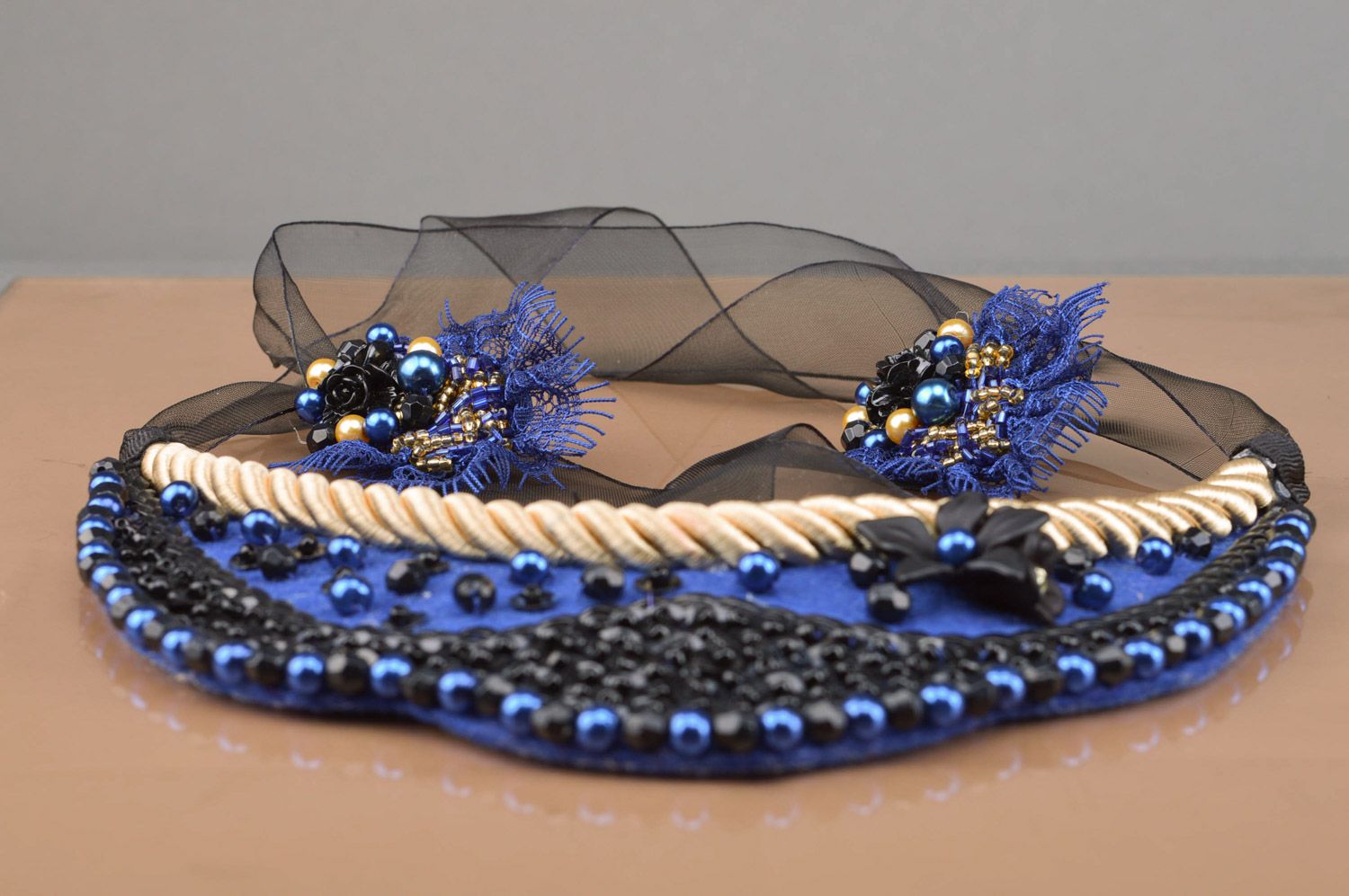 Set of handmade bead embroidered jewelry earrings and necklace blue and black photo 2