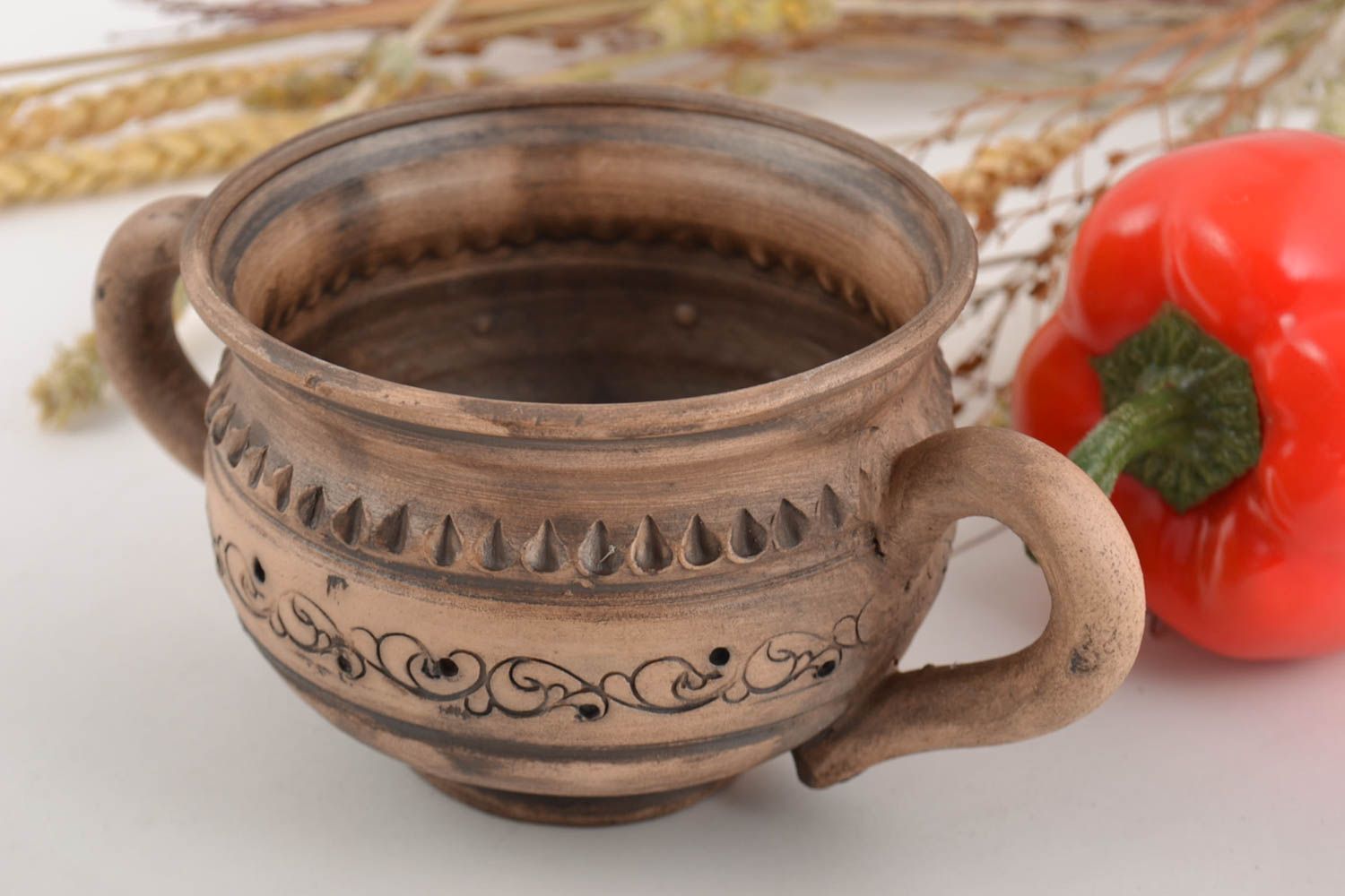 Handmade brown ceramic soup bowl with handles and pattern for 250 ml photo 1