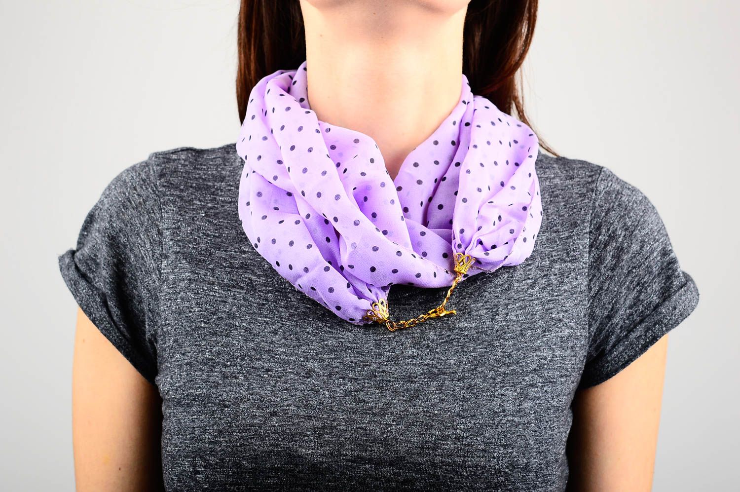 Шарф ручной работы женский шарф легкий шифоновый шарф сиреневый в горошек фото 2