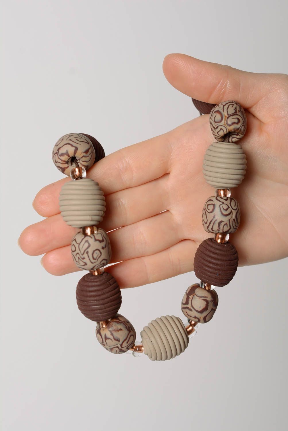 Handmade brown necklace made of polymer clay with large beads handmade on waxed cord photo 4