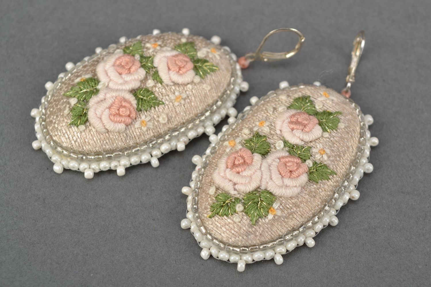 Satin stitch embroidered earrings with beads Light Roses photo 4