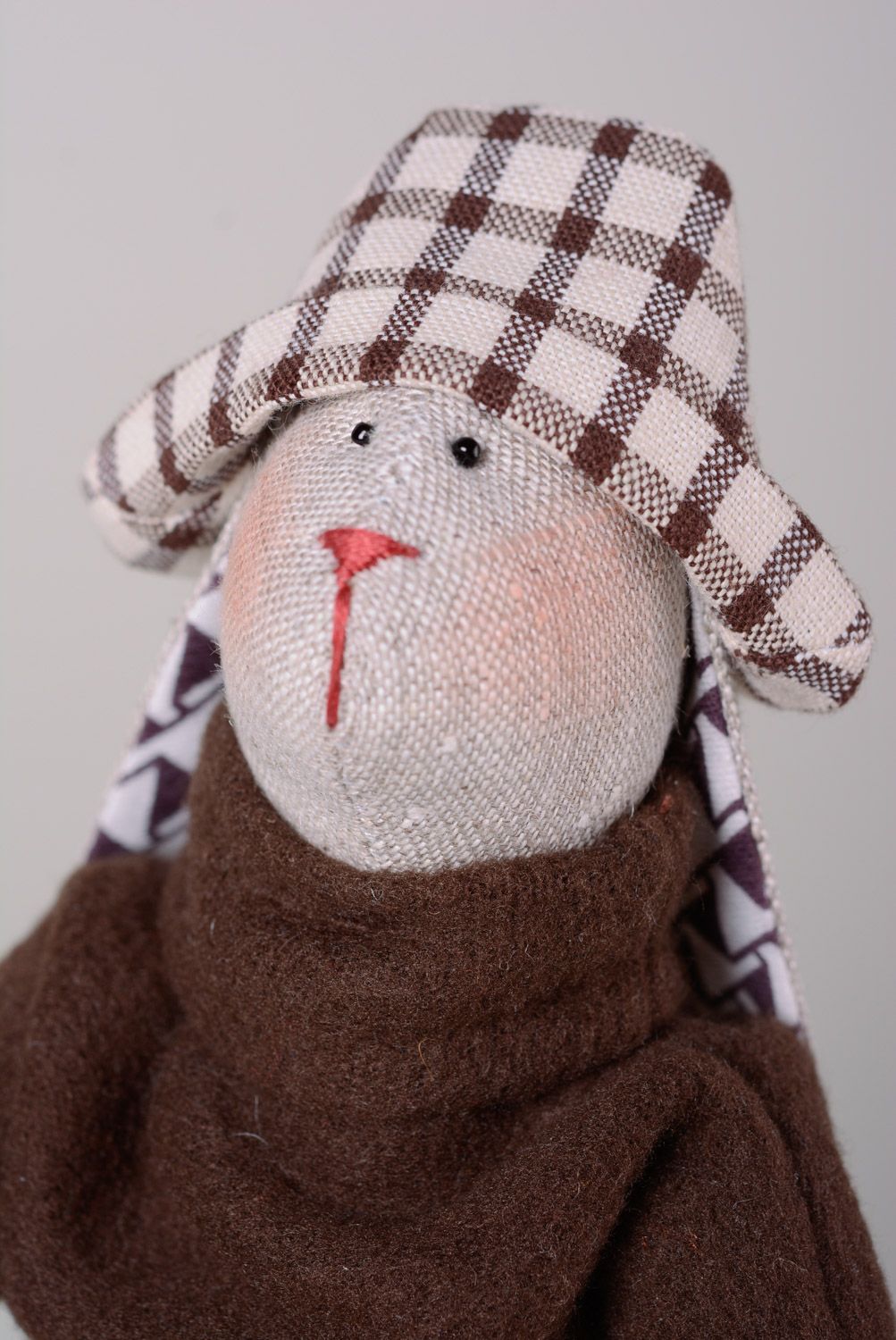 Handmade soft toy sewn of linen and fleece rabbit in checkered suit and hat photo 2
