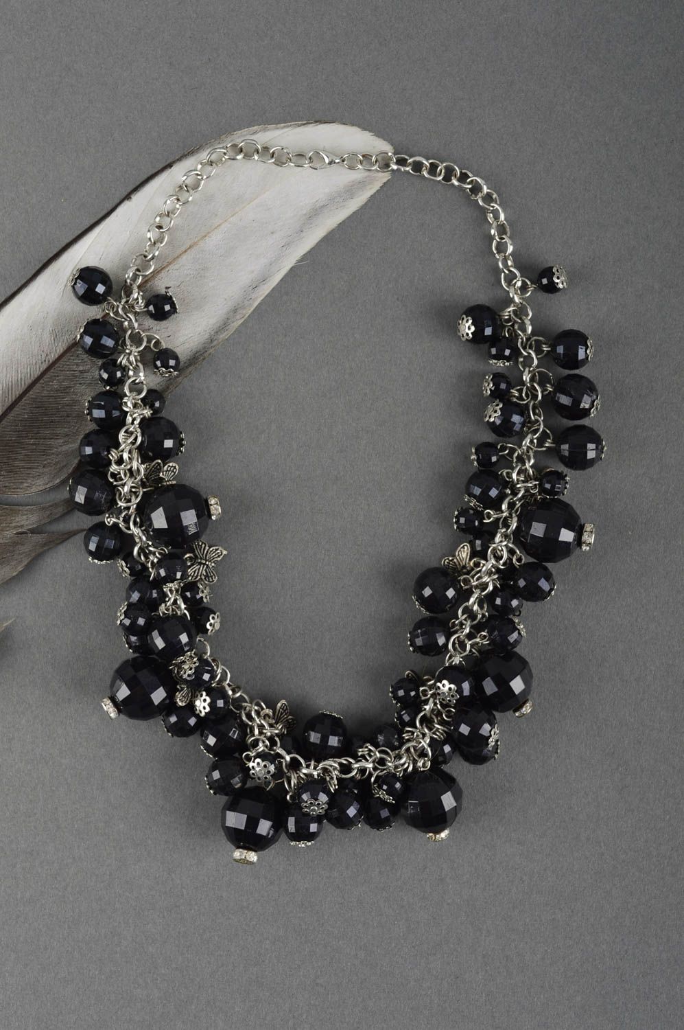 Handmade total black beaded necklace stylish designer accessory present for girl photo 1