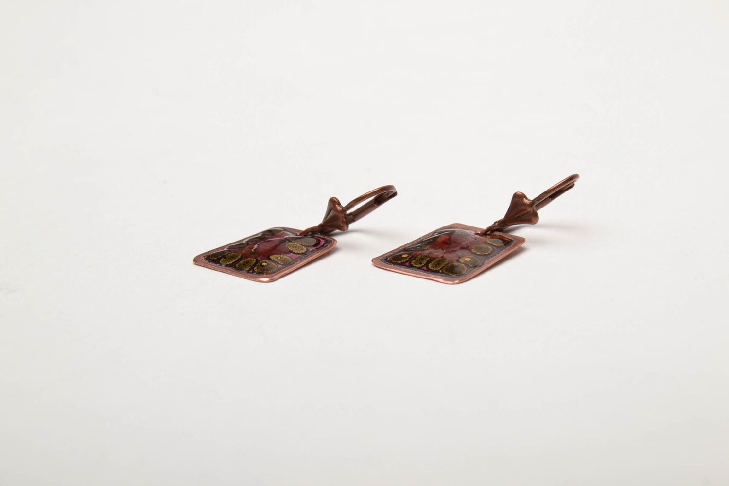 Handmade rectangular copper earrings with enamels photo 4