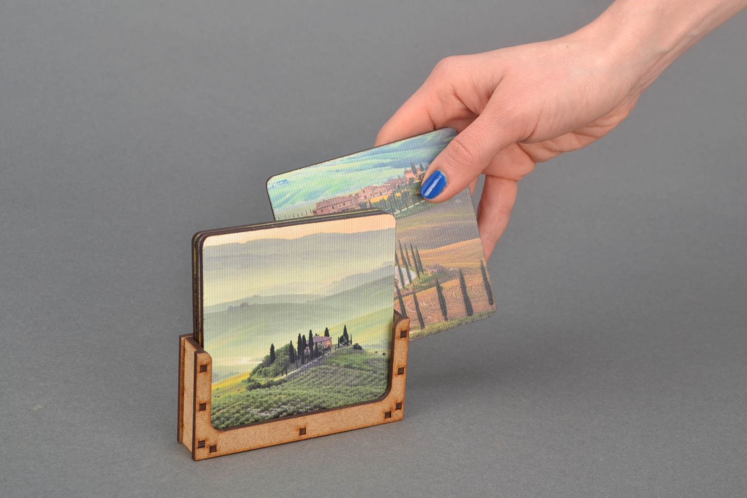 Dessous-de-verre carrés en bois avec imprimé faits main photo 2