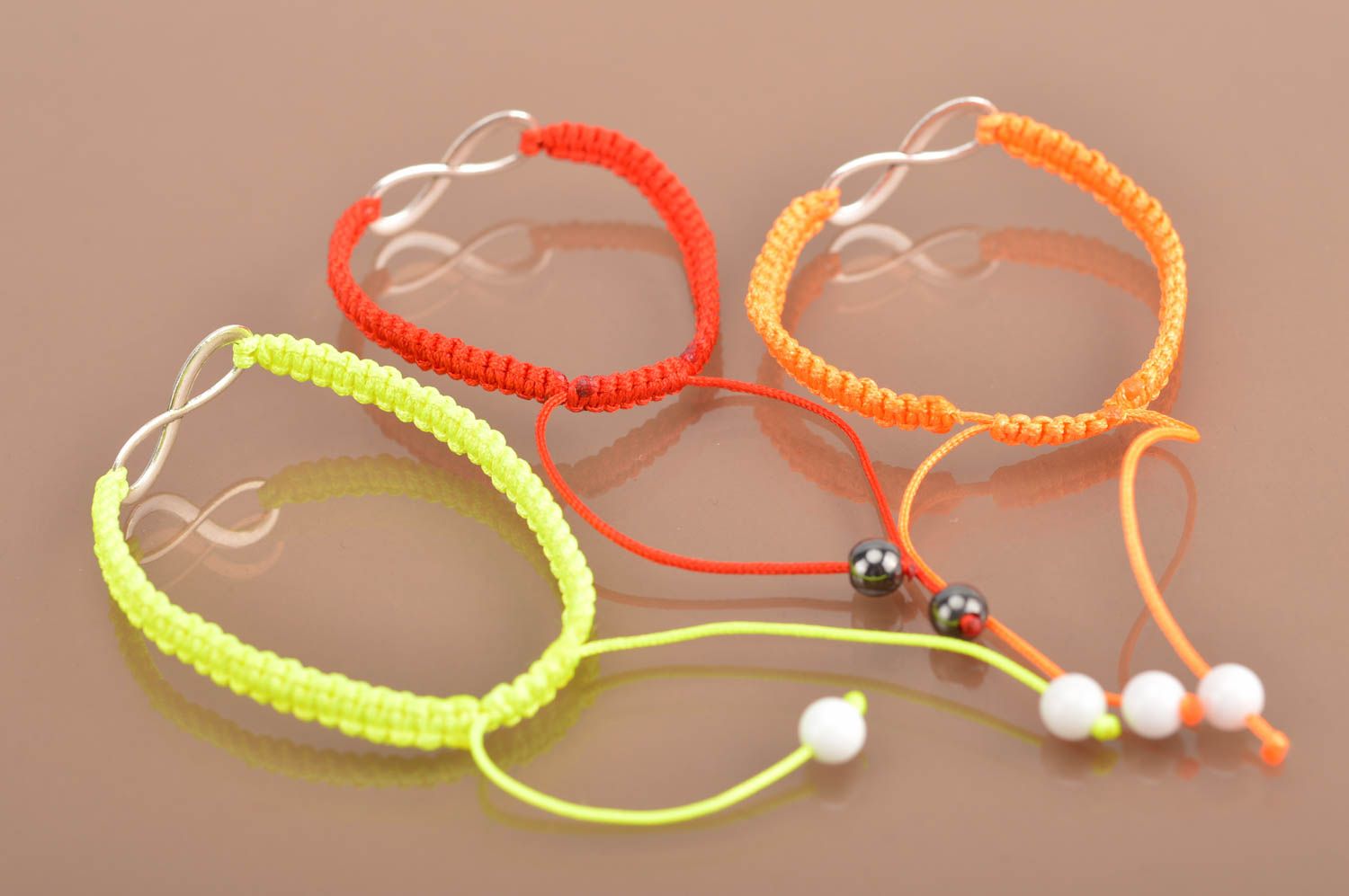 Set of 3 handmade designer thin wrist bracelets woven of silk threads with decor photo 4