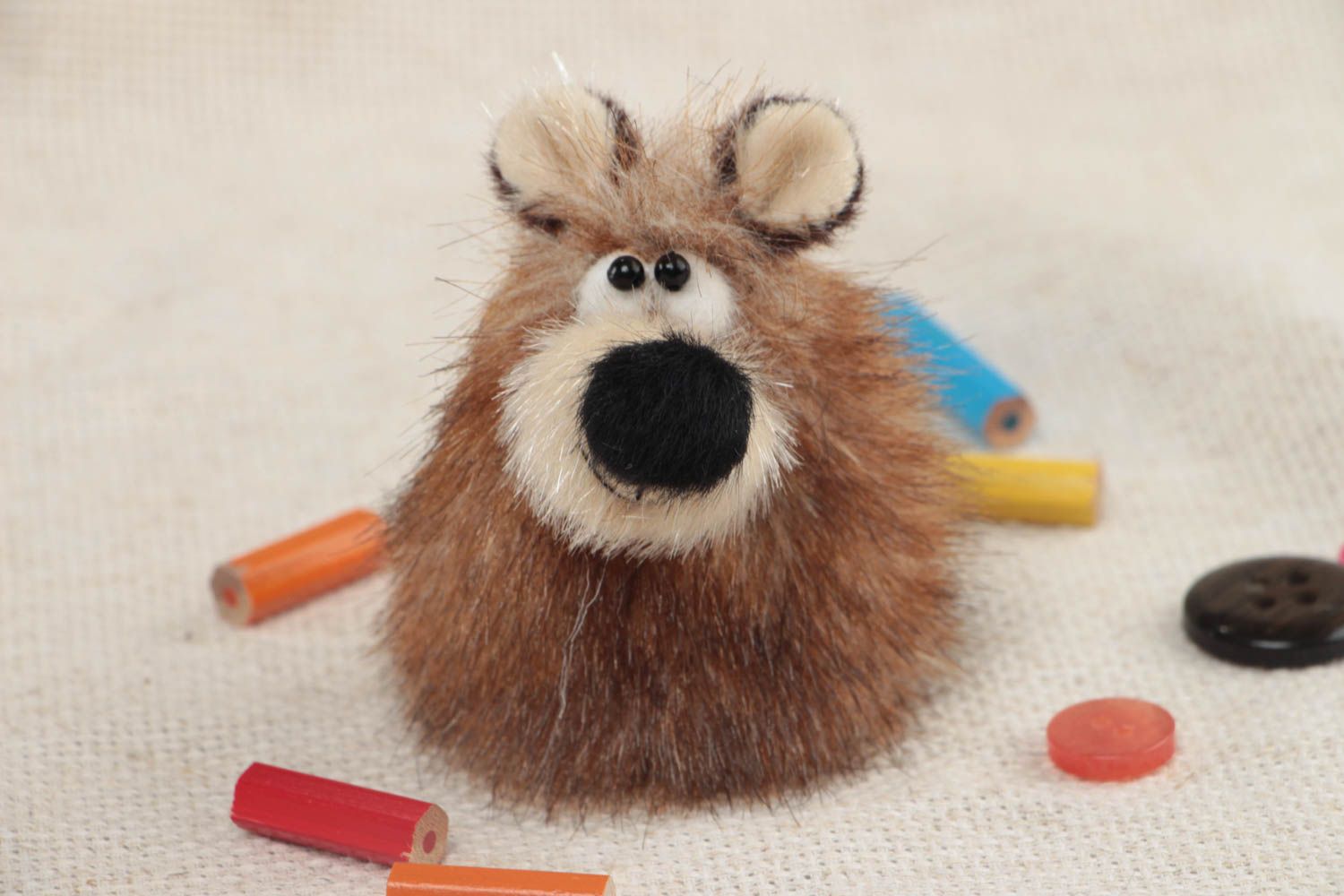 Handmade small soft toy animal finger puppet sewn of faux fur brown bear photo 1