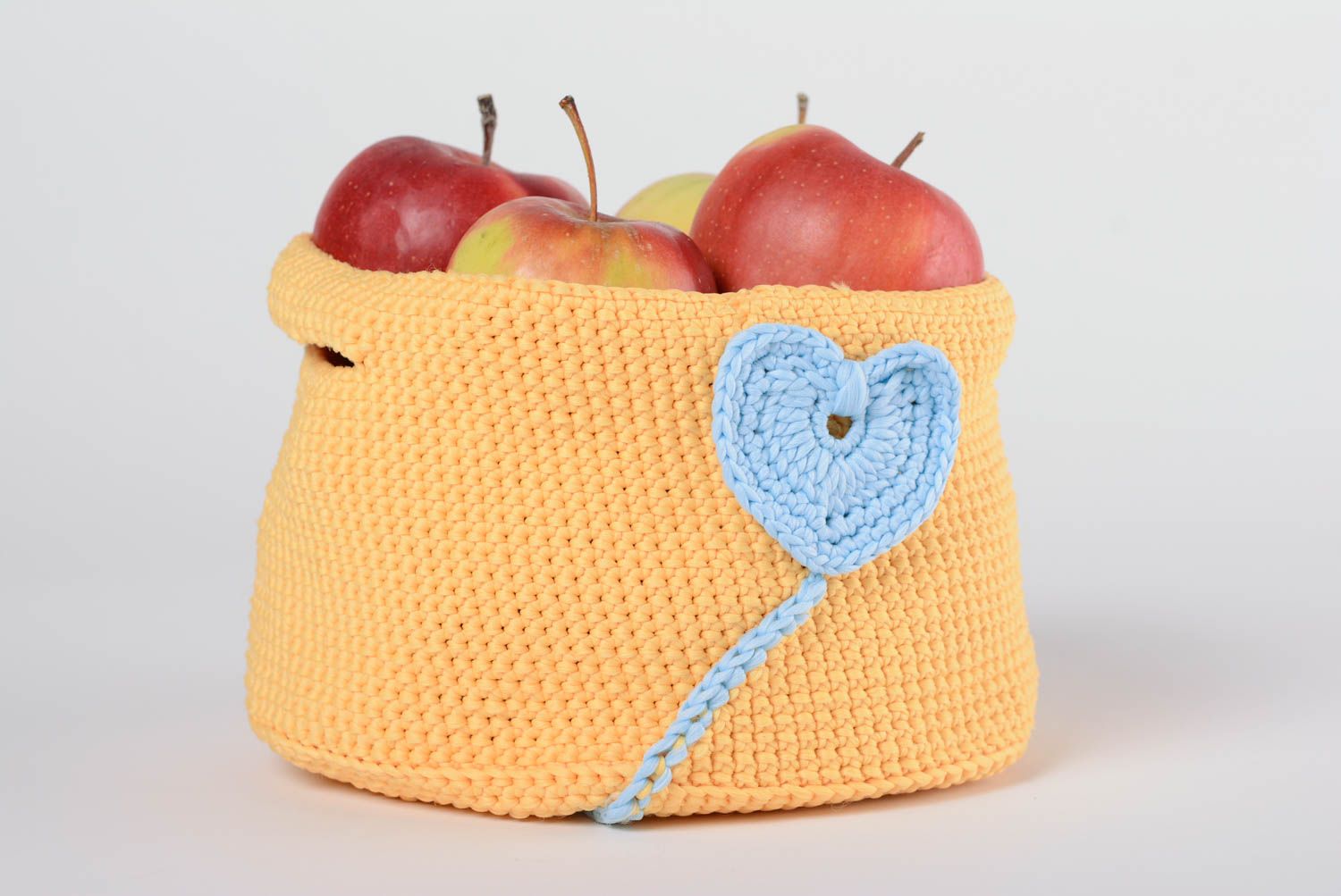 Handmade decorative small orange crochet basket with blue heart decor and handles photo 1