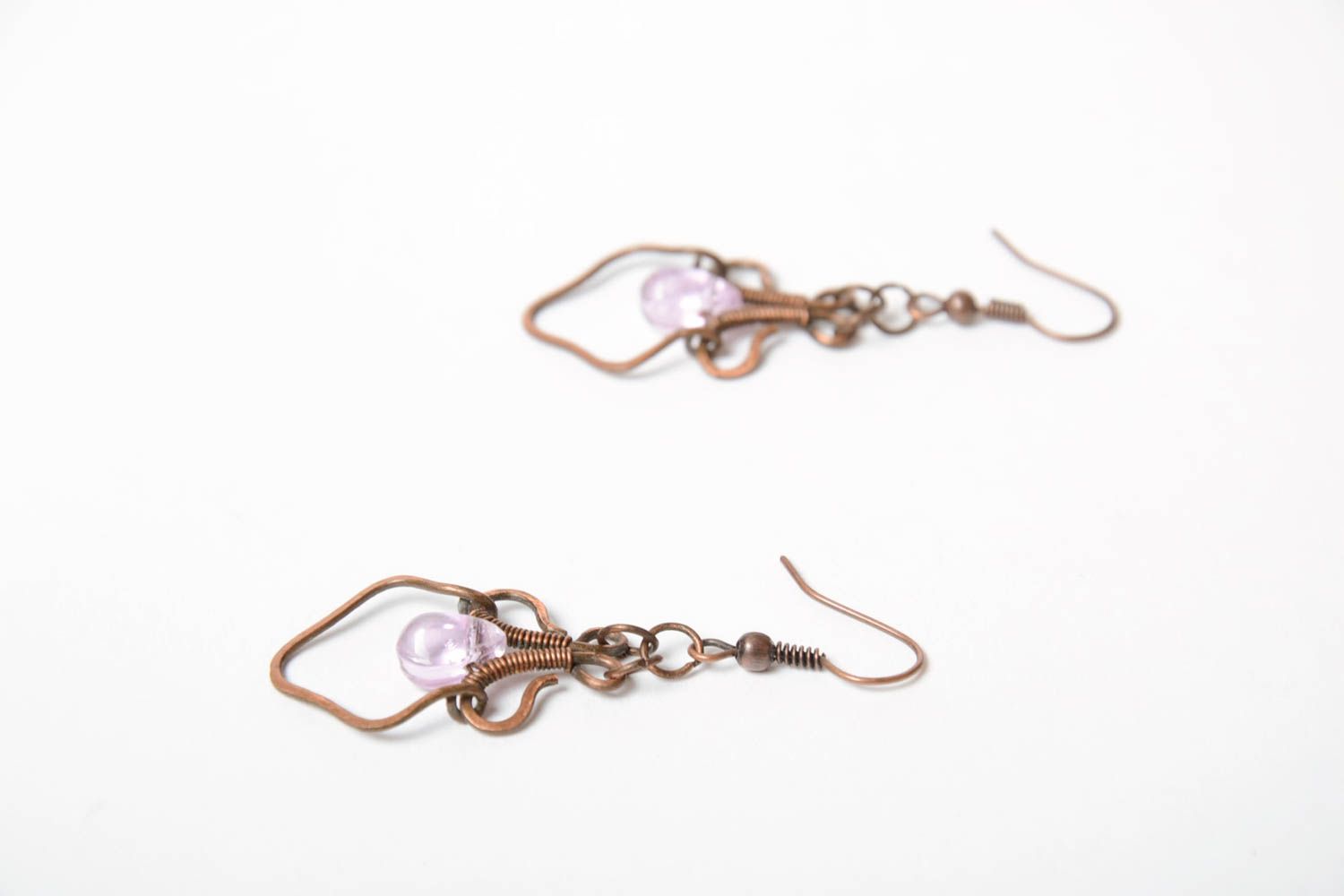 Beautiful unusual handmade long wire wrapped copper earrings with white crystal photo 3