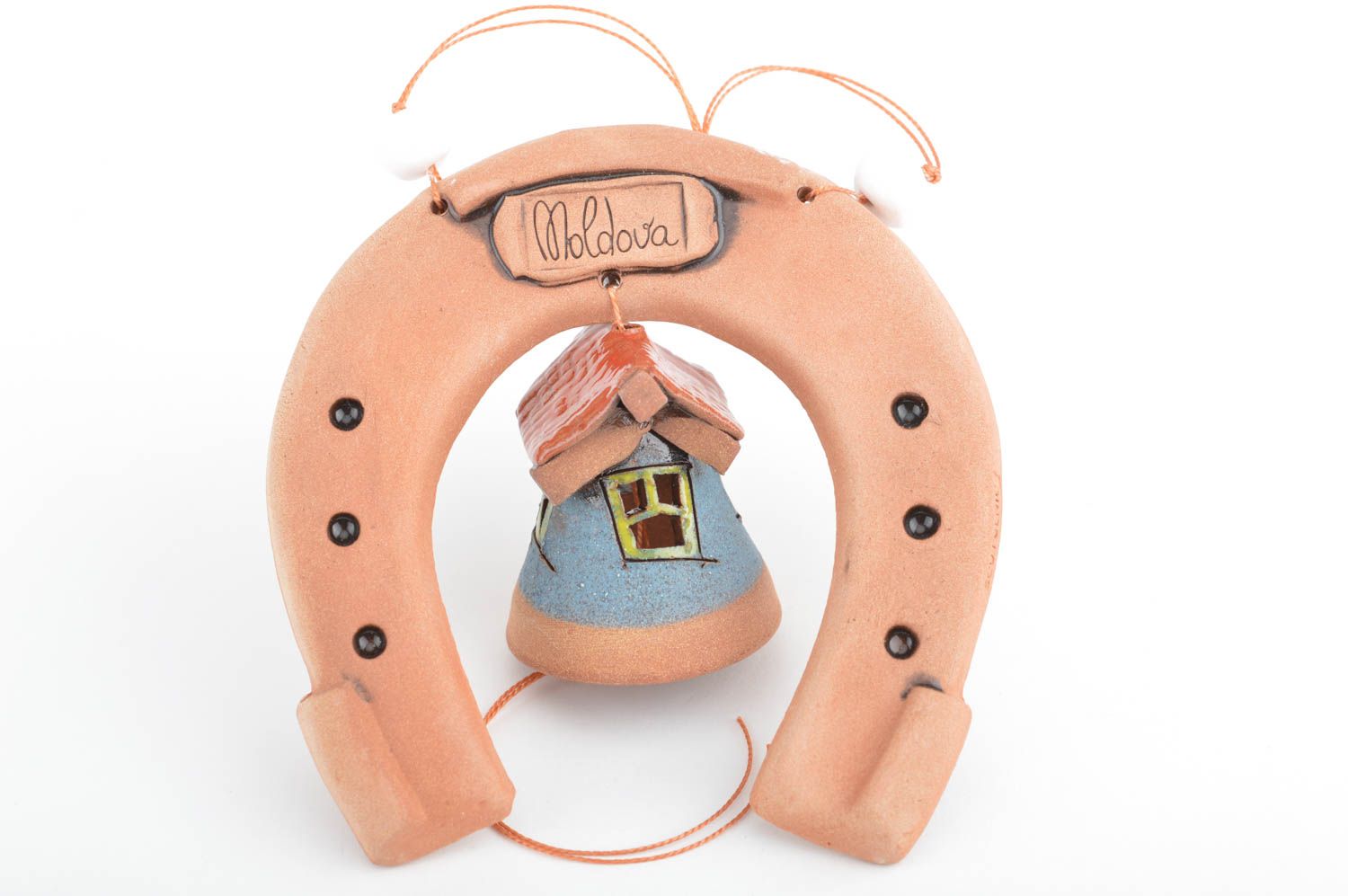 Interior clay pendant bell with a horseshoe handmade ceramic home decor photo 2