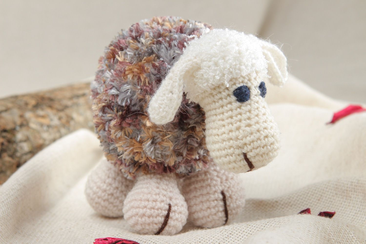 Small cute handmade soft toy crocheted of woolen and fluffy threads Lamb photo 5