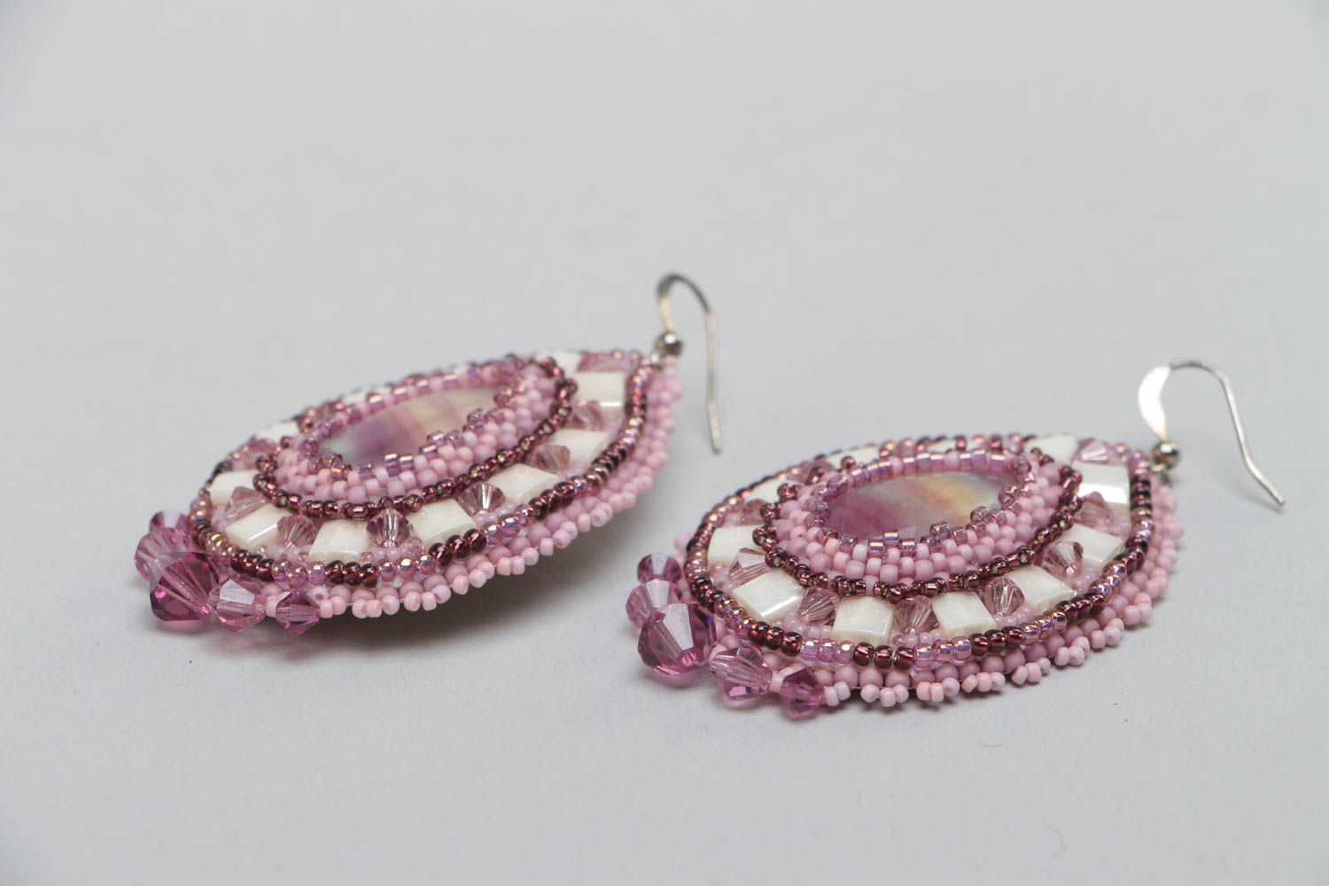 Handmade violet earrings embroidered with beads crystals and natural stone photo 3
