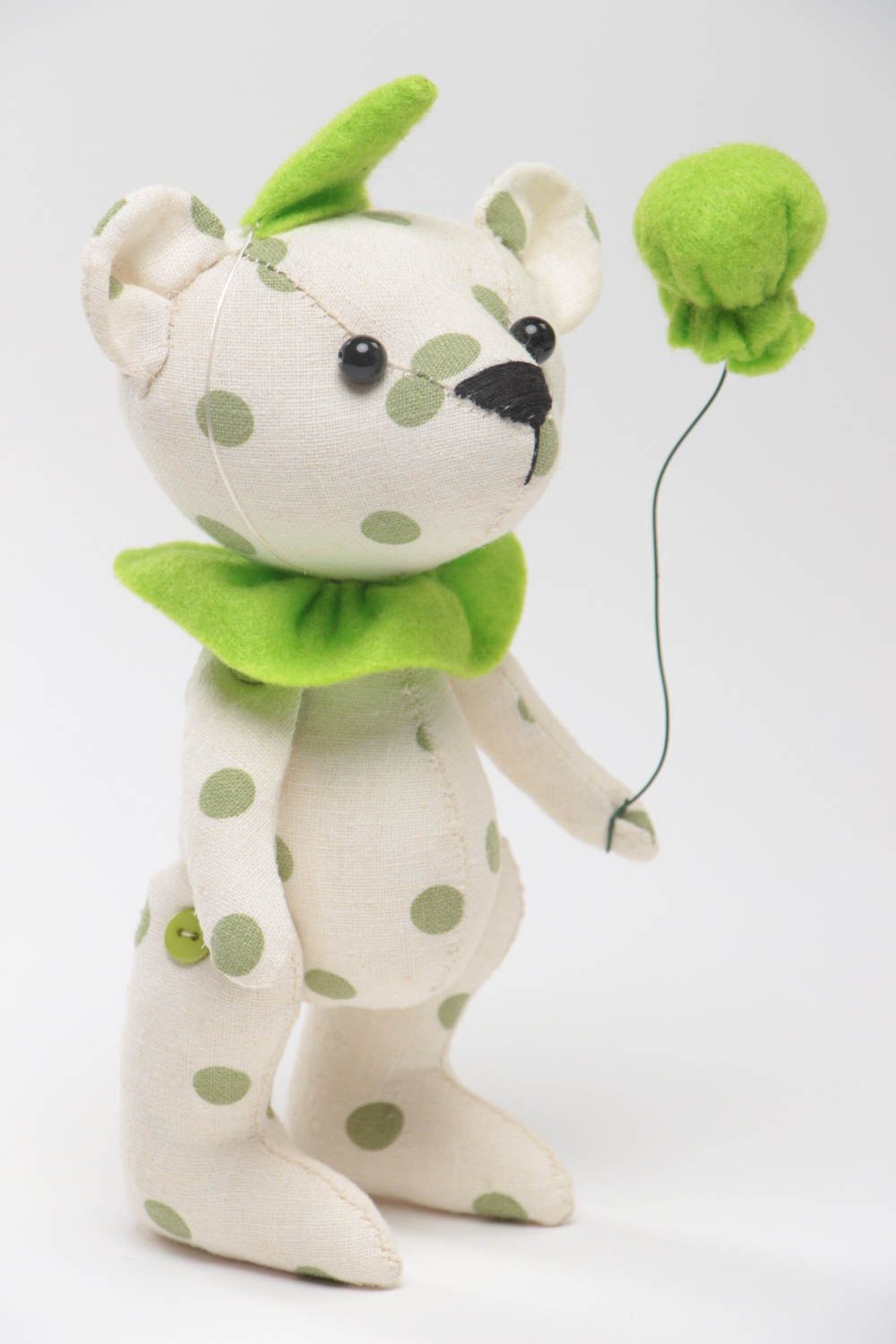 Handmade small light polka dot fabric soft toy bear with green air balloon photo 2