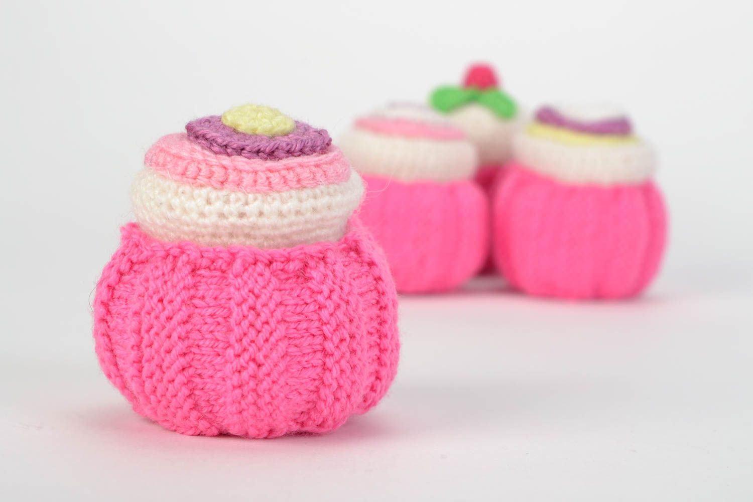 Miniature handmade pink crochet soft cake for home decor photo 1