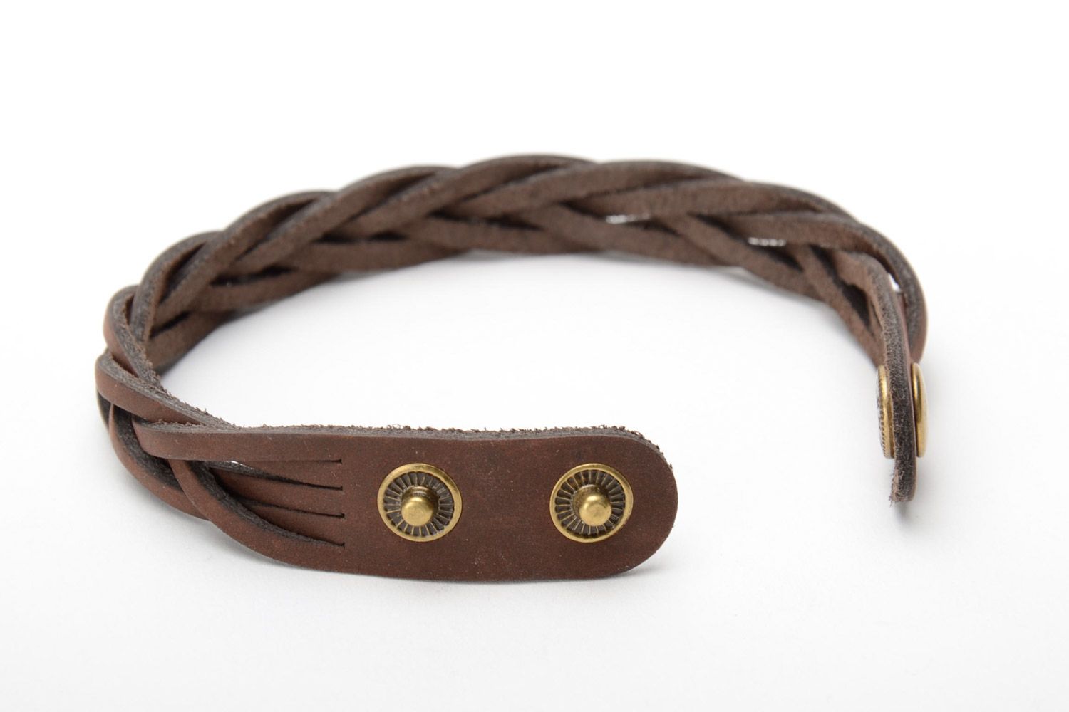 Handmade wrist bracelet woven of brown genuine leather with metal studs photo 4