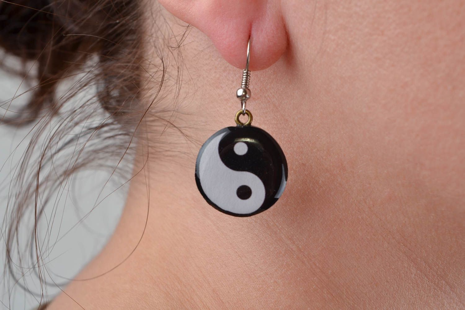 Beautiful handmade round polymer clay earrings with decoupage Yin Yang photo 2
