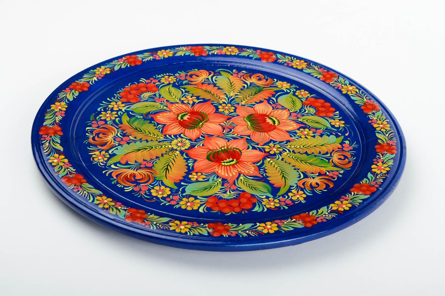 Assiette décorative murale faite main bleue ronde à motif floral Déco maison photo 3