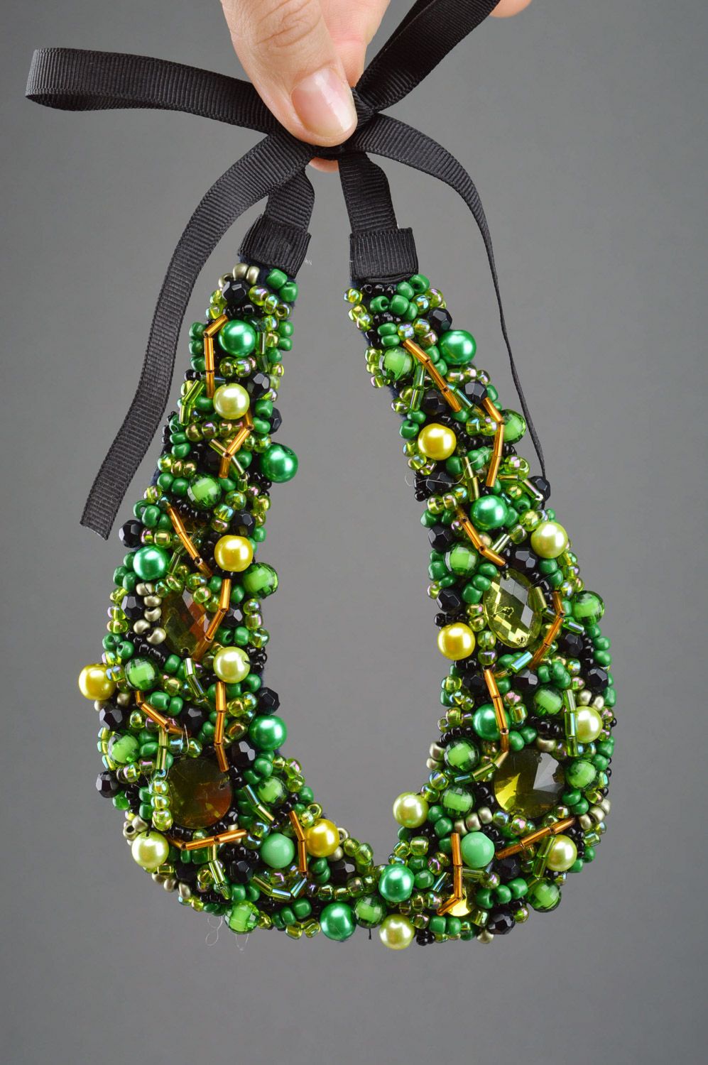 Saturated green handmade collar embroidered with beads and spangles with ribbons photo 1