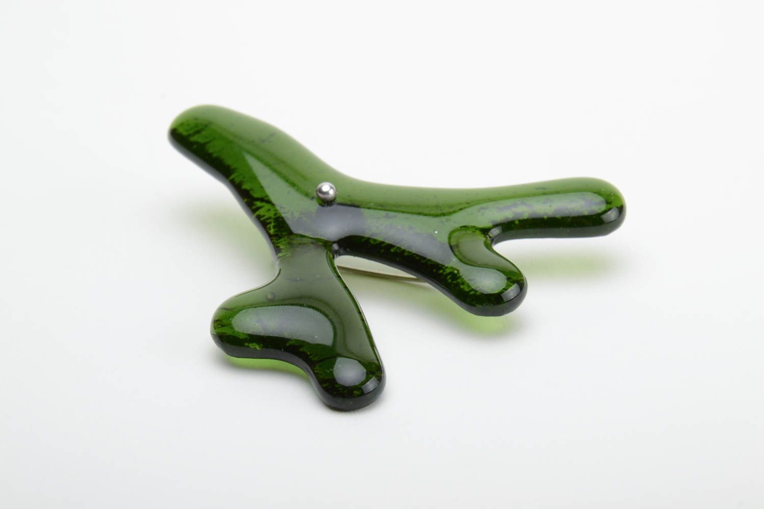 Unusual green handmade fused glass brooch with pin photo 5