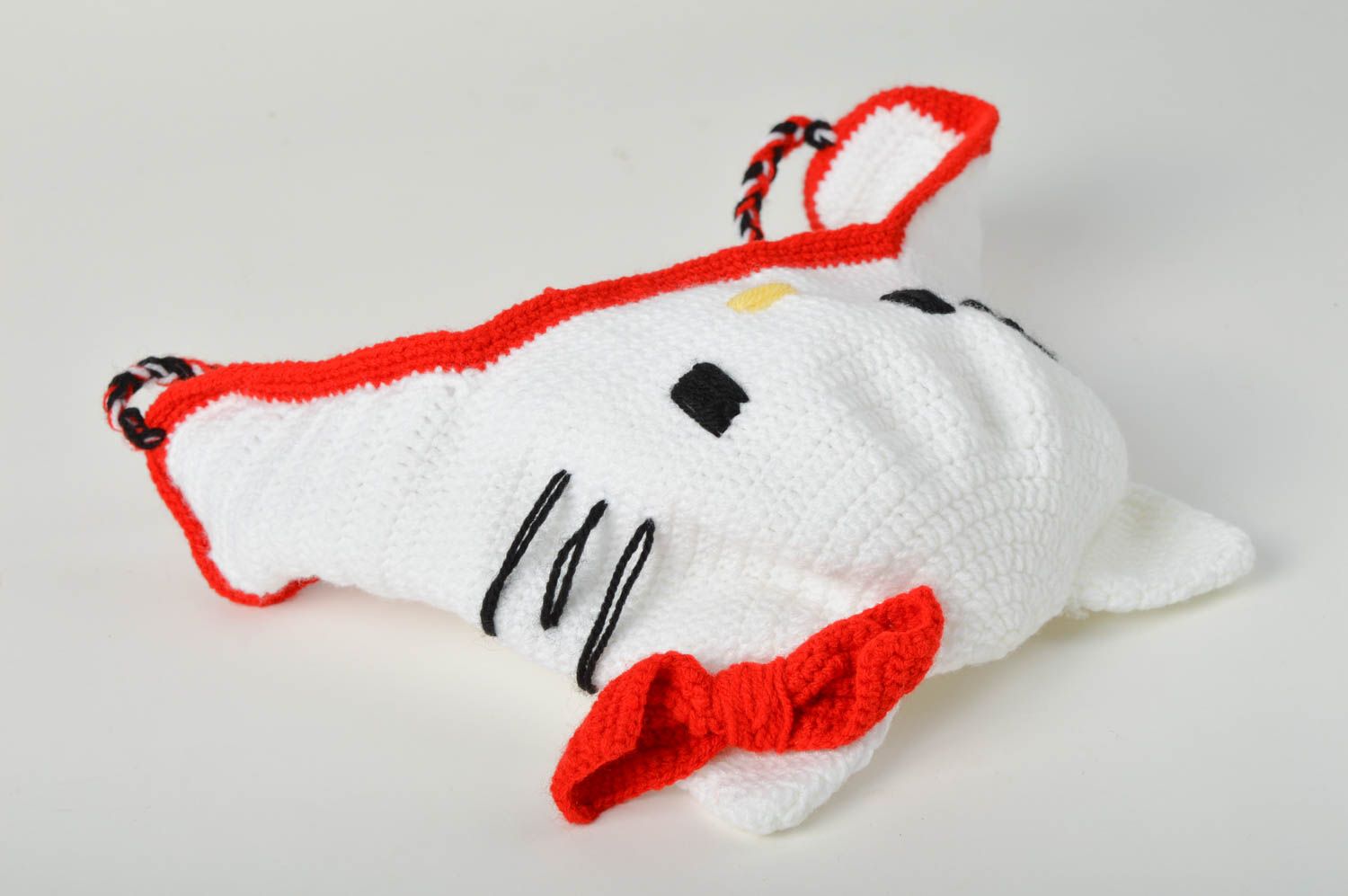 Bonnet tricot fait main Chapeau au crochet Vêtement chat petit blanc pour enfant photo 5