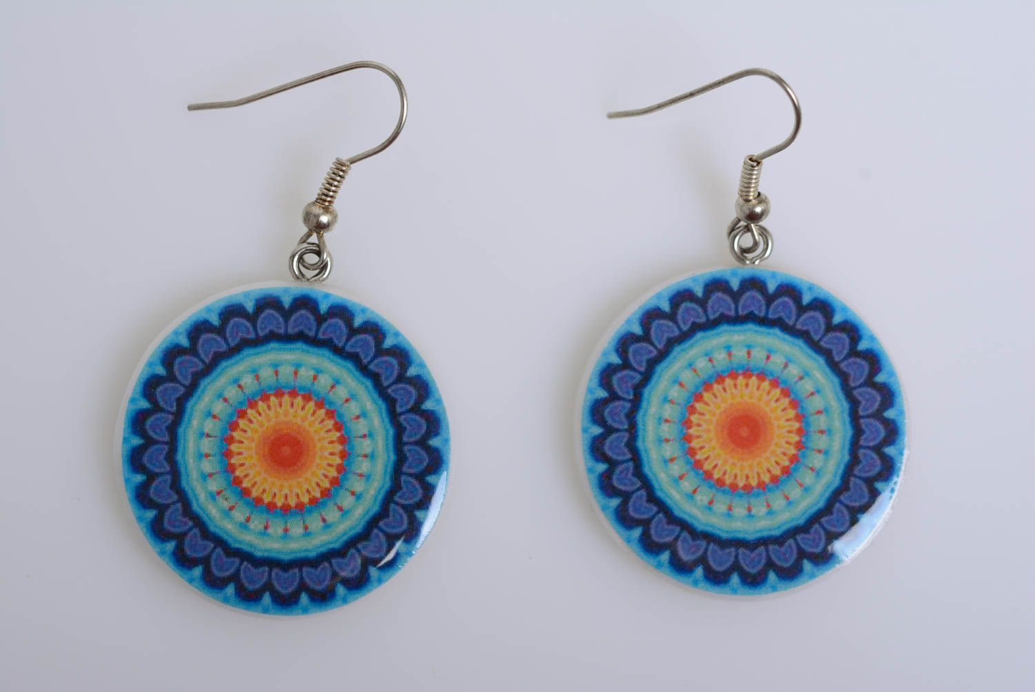 Beautiful blue handmade designer plastic round earrings with ornament photo 5