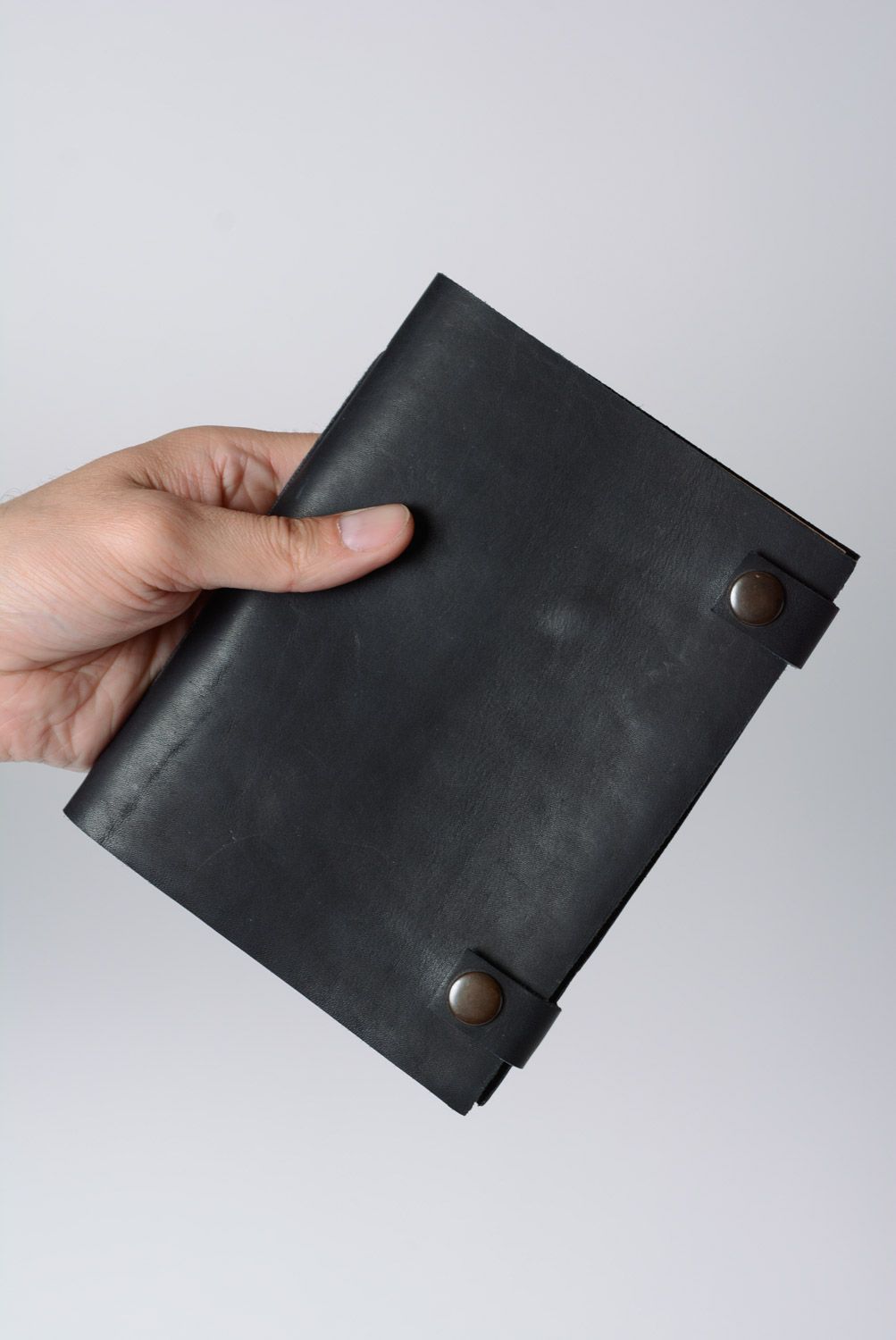Unusual black handmade notebook with leather cover and kraft paper photo 3