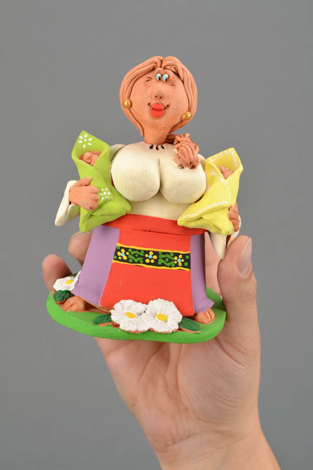 Ceramic figurine with painting Mother with Two Babies photo 2