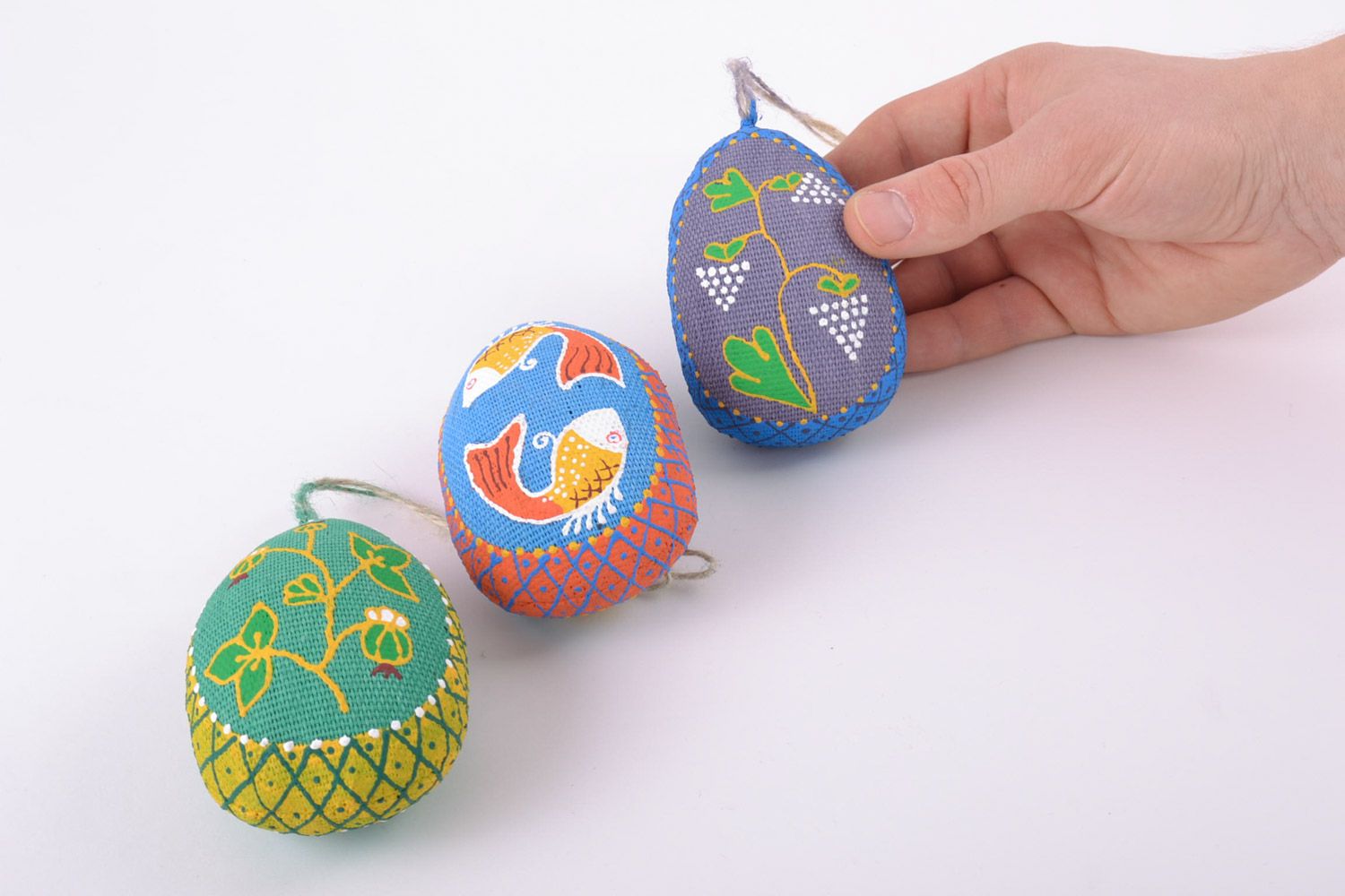 Set of 3 handmade decorative Easter eggs sewn of fabric painted with acrylics photo 5