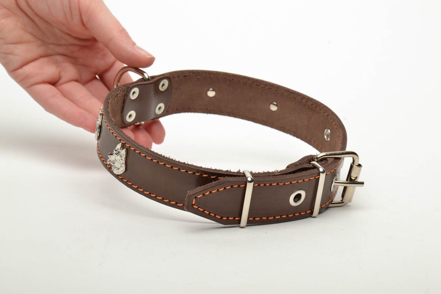 Brown genuine leather dog collar photo 5