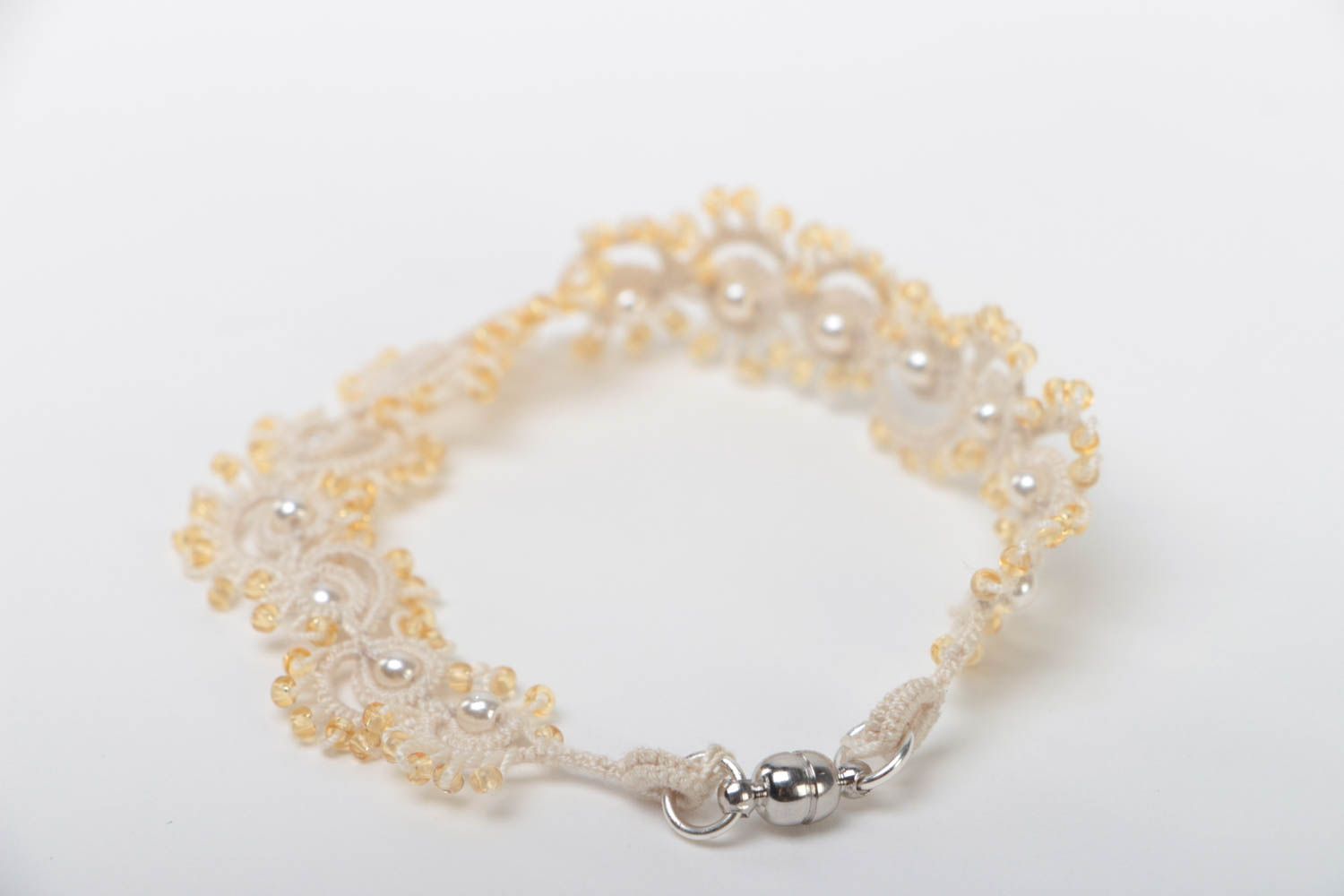 Handmade wrist bracelet openwork festive accessory white cotton jewelry photo 4
