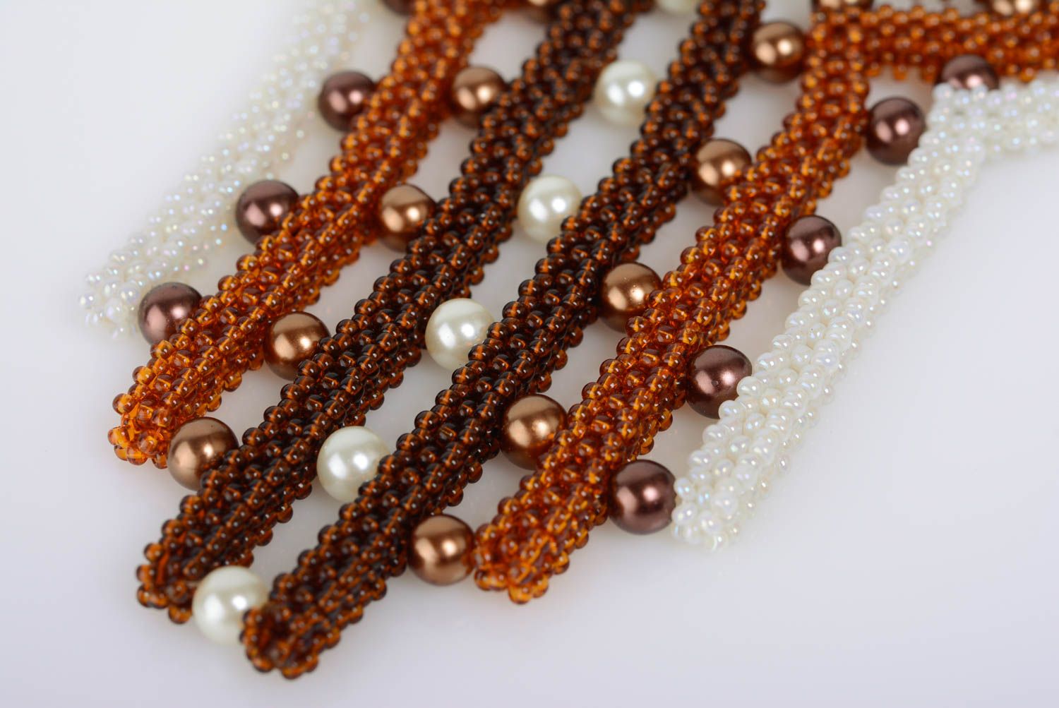 Unusual brown handmade woven beaded necklace designer evening jewelry photo 2