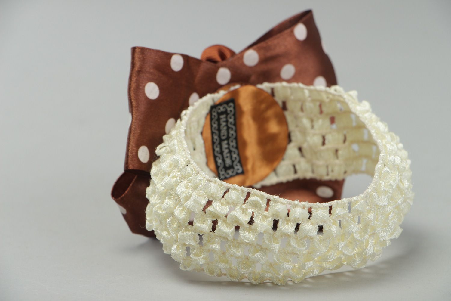 Designer handmade elastic headband with kanzashi flower of brown color  photo 3