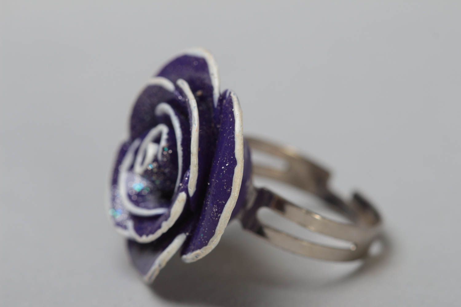 Handmade designer jewelry ring on metal basis with polymer clay violet flower photo 3