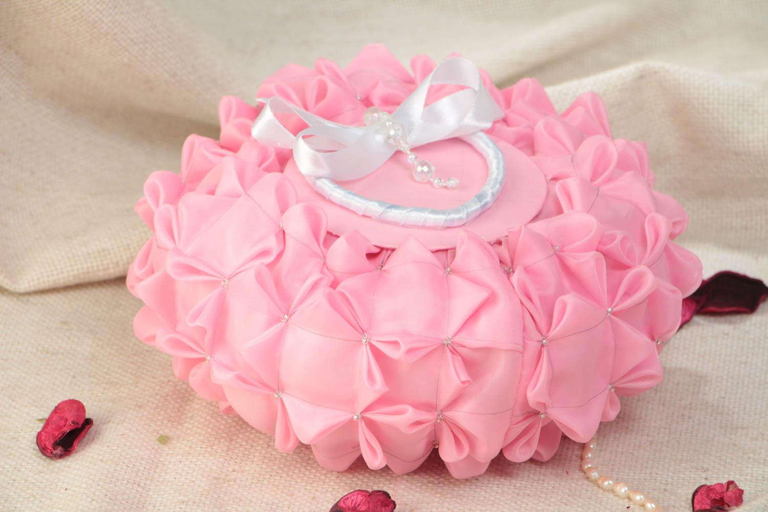 Handmade pink satin ring pillow with white bow designer wedding accessory photo 1