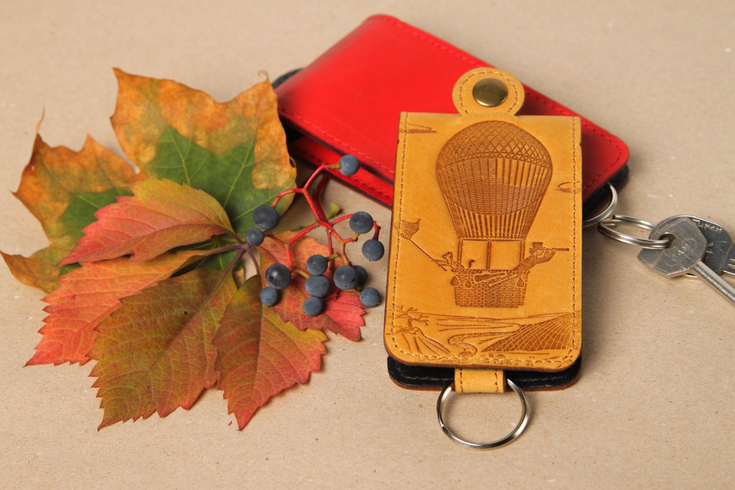 Yellow handmade leather key case leather goods unusual key holder gift ideas photo 1