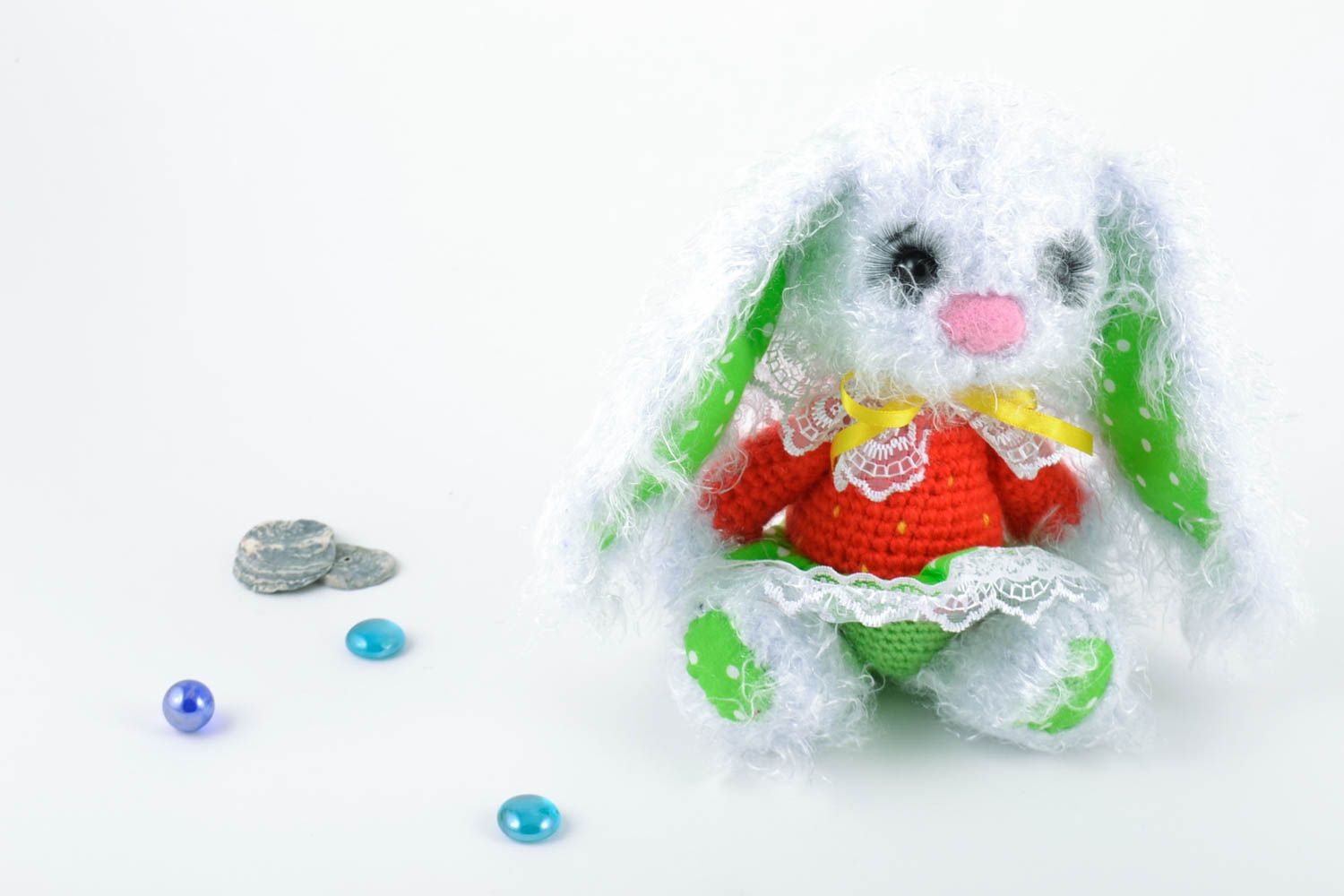 Light nice handmade soft crochet toy little hare in dress photo 1