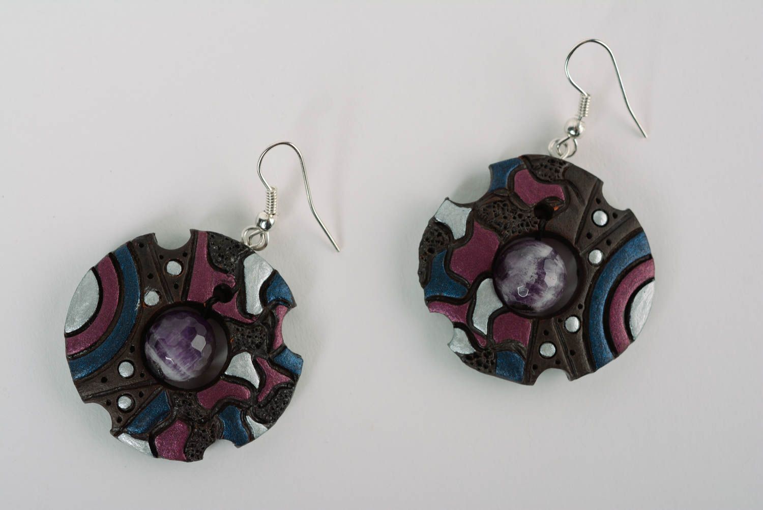 Handcrafted round earrings made of clay with colored enamel paintings photo 1