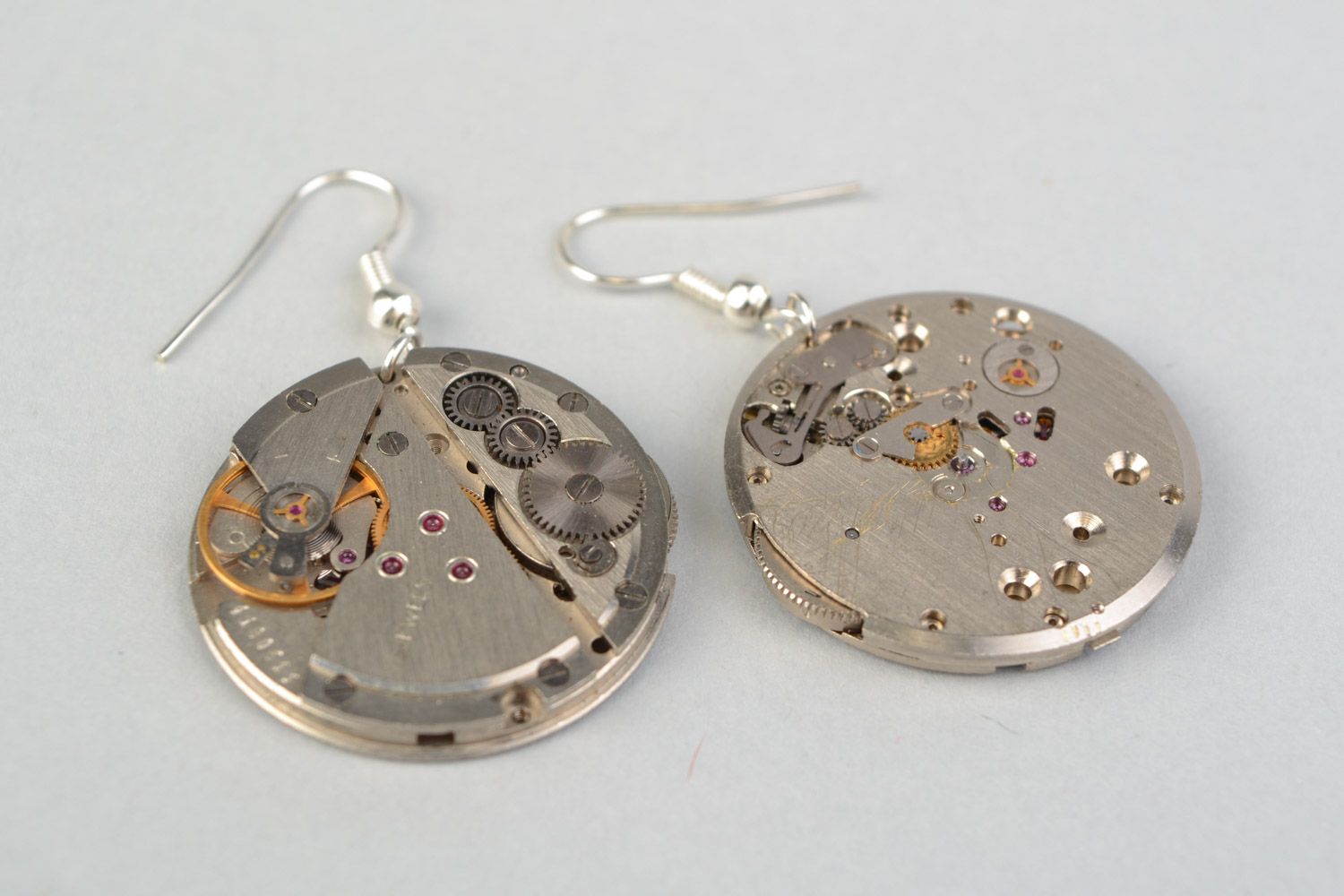 Handmade designer round metal earrings in steampunk style with clock mechanism  photo 4
