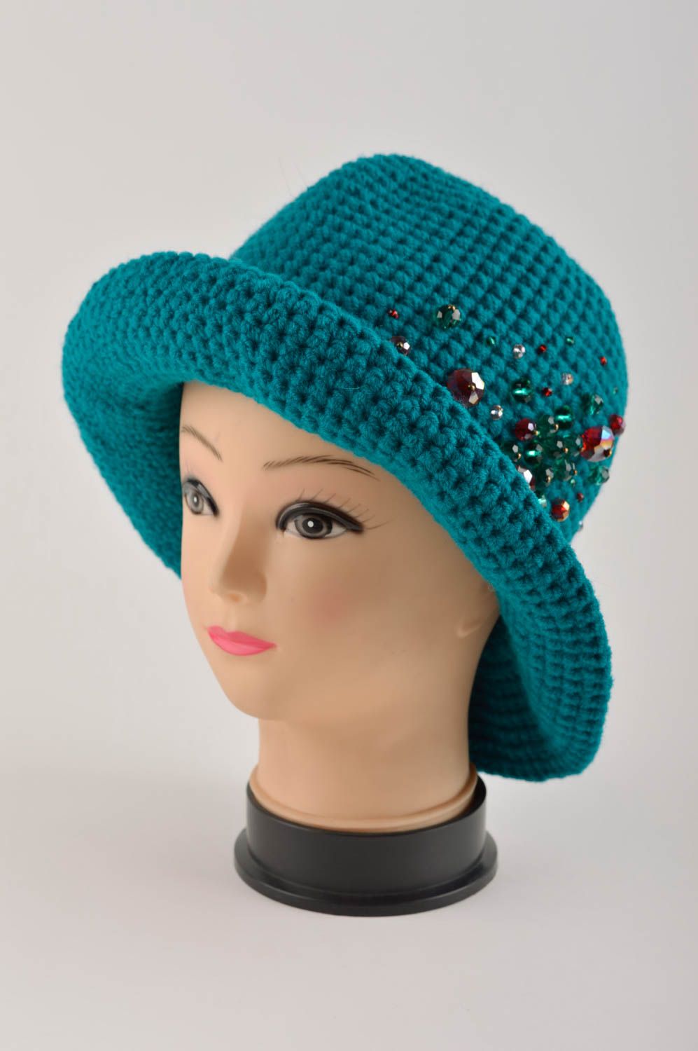 Sombrero para mujeres hecho a mano regalo original gorro tejido color turquesa foto 2