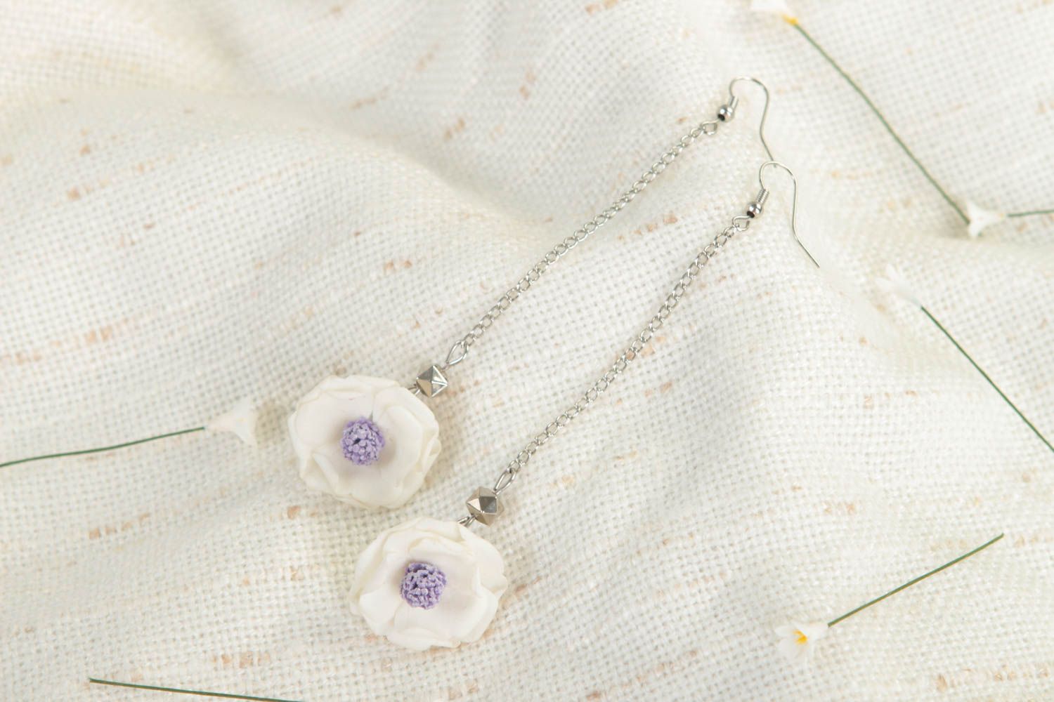 Handmade polymer earrings with flower pendants unusual gift polymer jewelry photo 1
