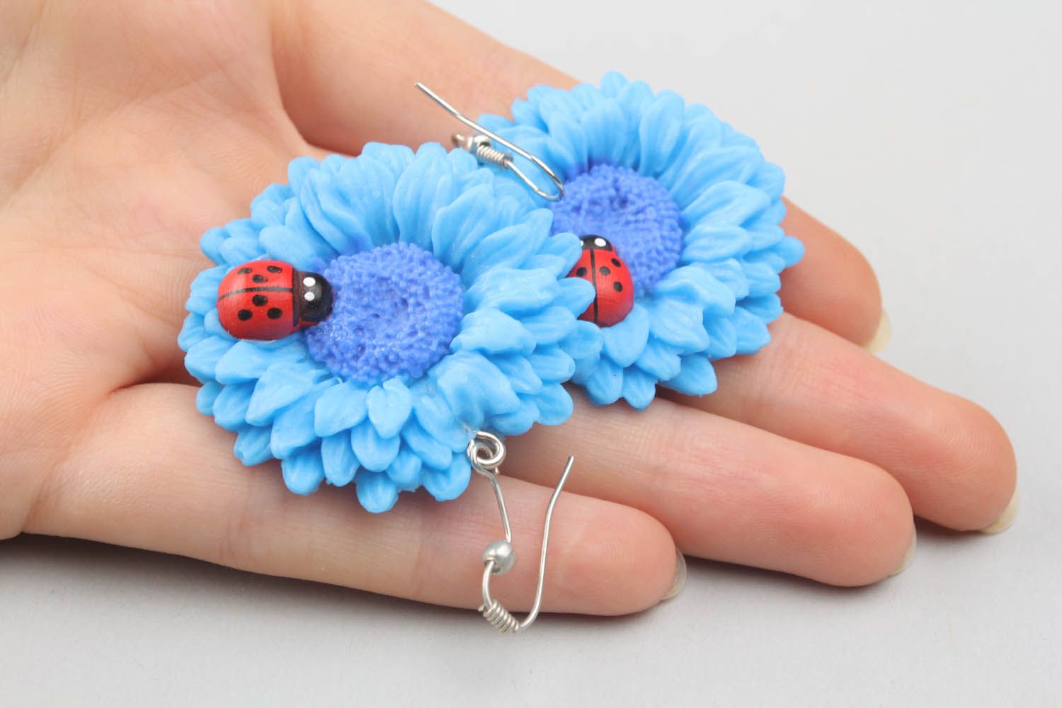 Polymer clay earrings Sunflower with a Ladybird photo 2