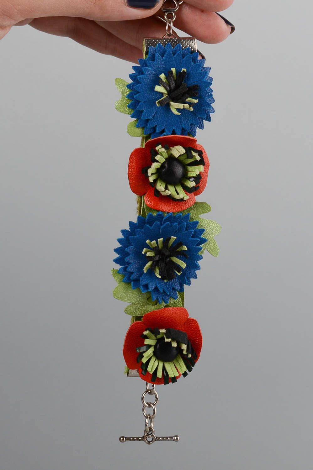 Кожаный браслет с цветами синий с красным красивый наручный ручной работы фото 5