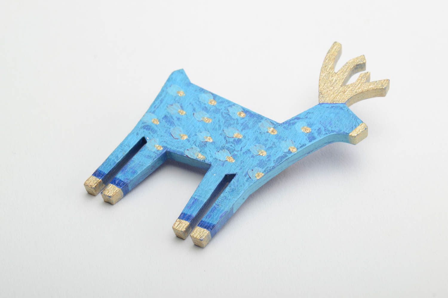 Blue brooch made of plywood deer handmade painted with acrylics accessory photo 2