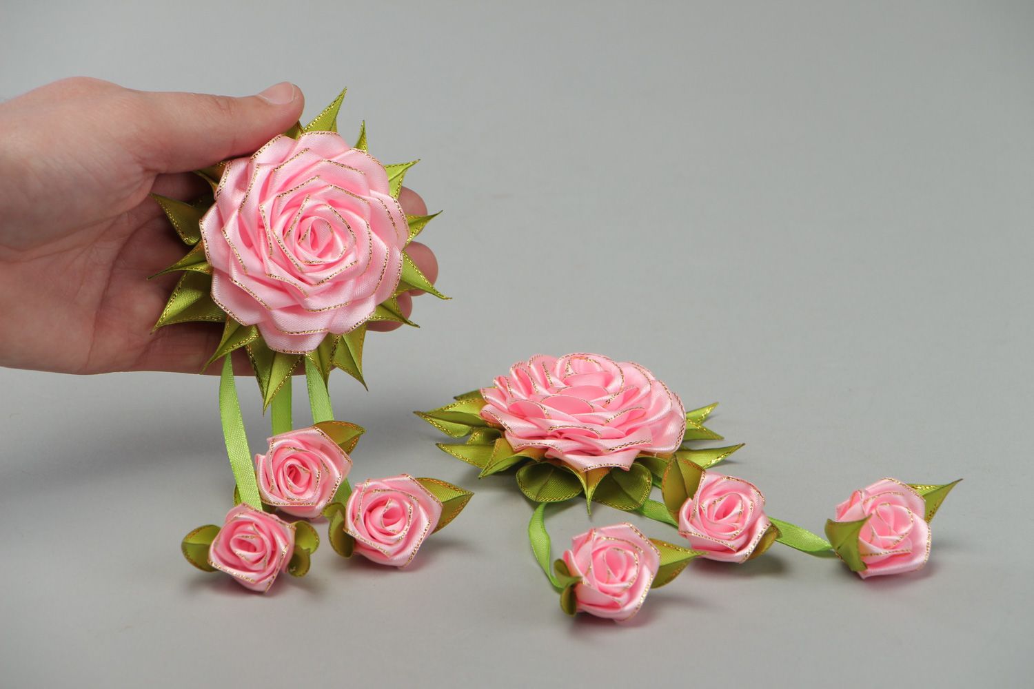 Set of handmade hair clips with tender pink satin kanzashi flowers 2 items photo 4