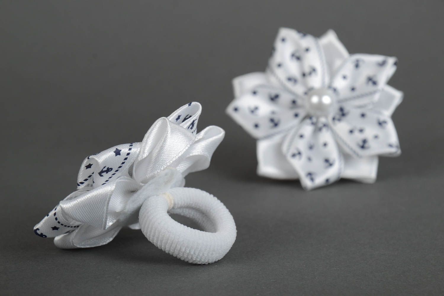 Beautiful handmade designer satin flower hair ties set 2 pieces in marine style photo 3